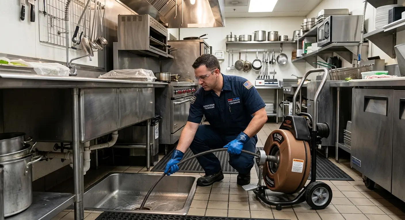 Commercial drain cleaning service in a restaurant kitchen in Arlington
